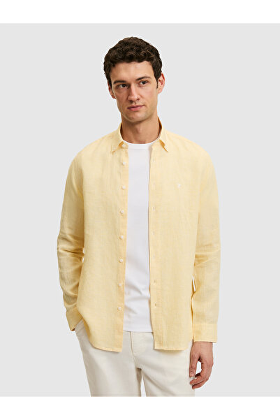 Cacharel Yellow Regular Fit 100% Linen Collared Buttoned Plaid Shirt 50326153...
