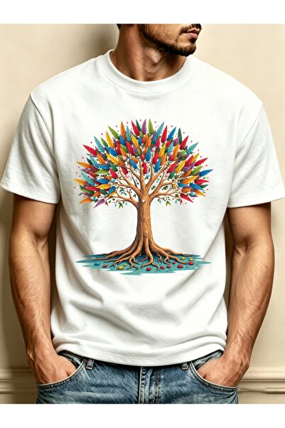 NOURAM Colorful Tree Pattern Men Round Neck T-Shirt Loose Fit 100 Percent Pur...