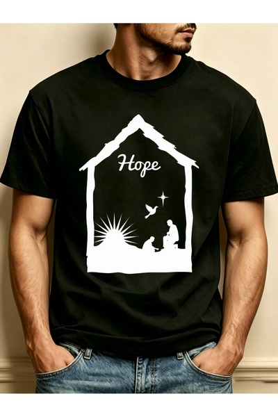 BASEPULSE Nativity Scene Hope Design Men's Crewneck T-Shirt Loose Fit 100 Per...