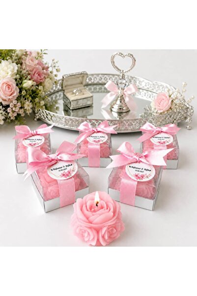 Hediyelik Mumlar Design By Ece Pembe Gül Desenli Gül Mum – Kutulu Kişiye Özel...