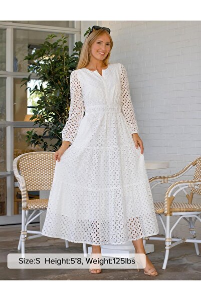 ZESICA Women's Autumn Long Sleeve V-Neck Maxi Dress 2026 with Eyelet Cutout D...