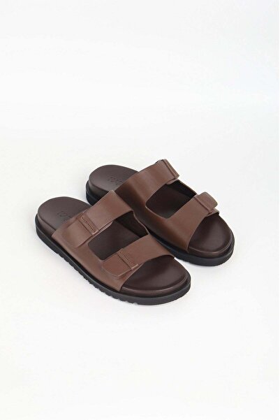 Haşema Double Striped Bitter Brown Color Leather Men's Beach Slippers 2202-06