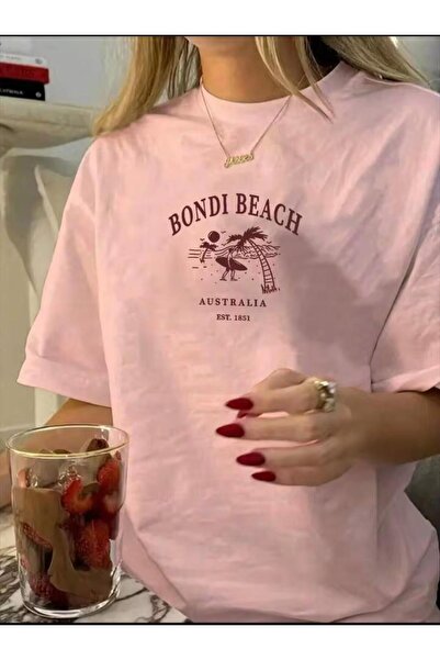 Touz Moda Pink Bondi Beach Printed Washable Vintage Unisex Oversize T-Shirt