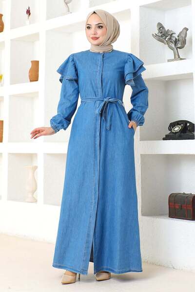 Missvalle Ruffled Shoulder Buttoned Ferace Light Blue 19204