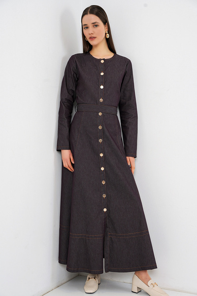 Merterium Women's Belted Long Denim Dress 1545 - Brown