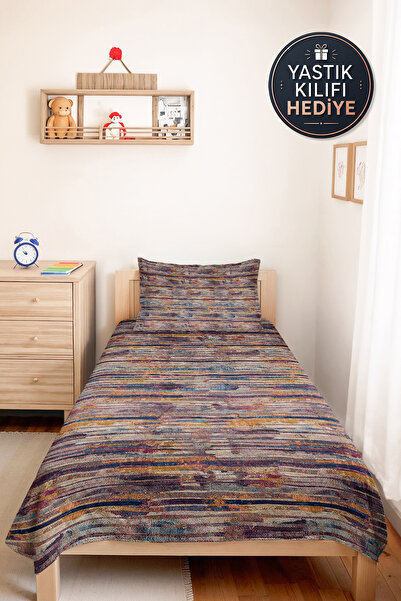 Evimde Bambaşka Modern Geometric Blue Single Pique Set - Retro Striped Purple...