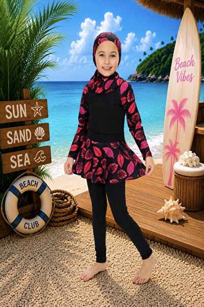DeKuBaby Three-Piece Girls' Hijab, Skirt, Long Tights, Hijab Closed Swimsuit