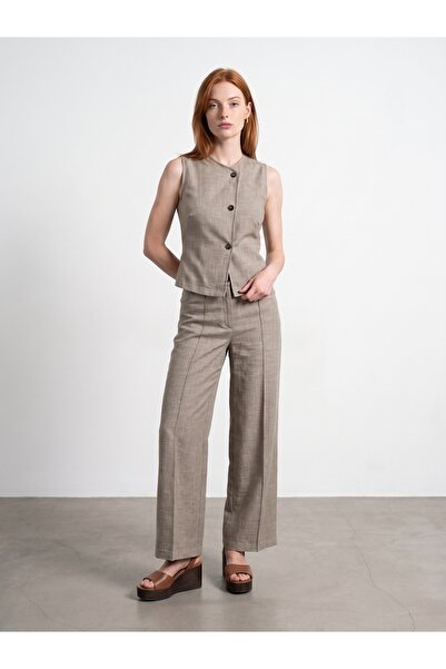 Dilvin 72728 Linen Blend Wide Leg Trousers-Beige
