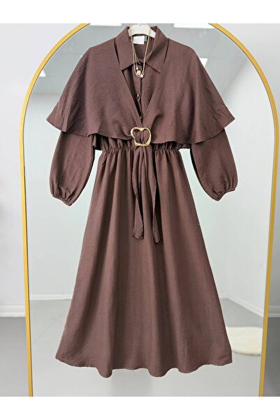 VOLT CLOTHİNG Beli Lastikli Gold Toka Detaylı Tesettür Elbise