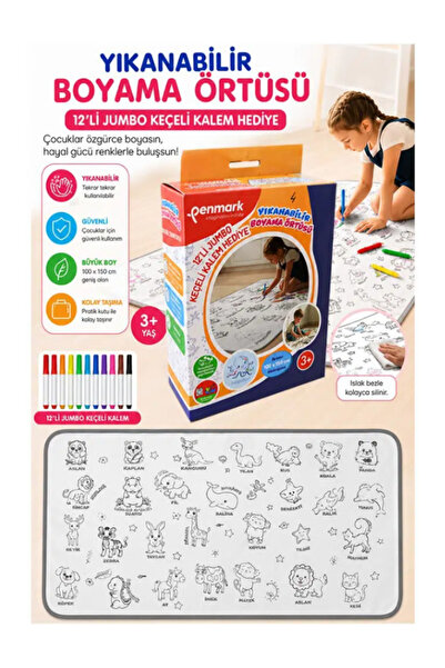 penmark Boyama Örtüsü Yıkanabilir + 12’li Keçeli Kalem Hediye Seti