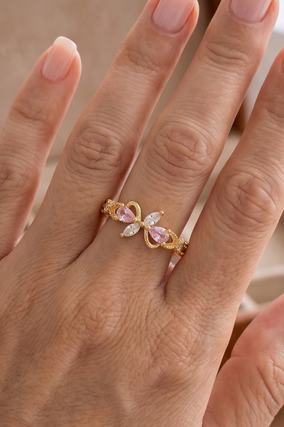 AURRARİ Gold Pembe Zirkon Fiyonk Çelik Yüzük