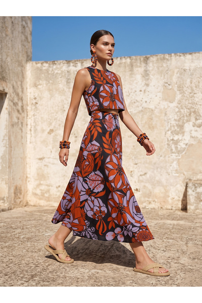 Catz Clothes Set fustă midi cu imprimeu floral și bluză crop fără mâneci