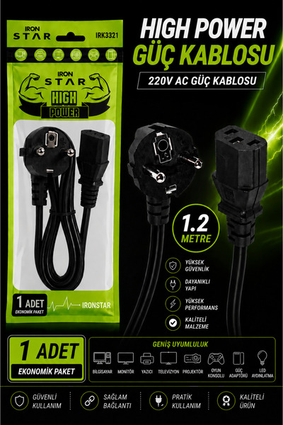 IRONSTAR 1 adet Bilgisayar Güç Kablosu 1.2 Metre / C13 Power Kablo 220V / Mon...