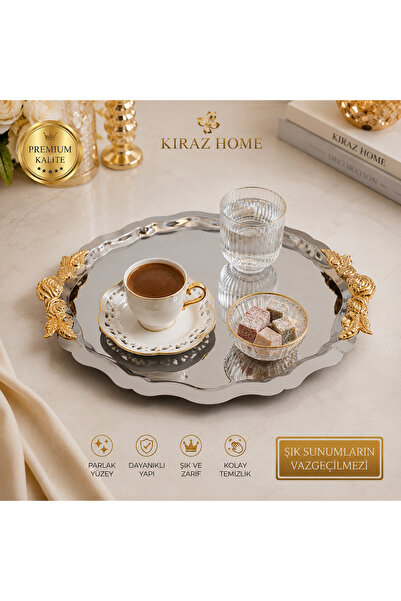KİRAZHOME Lüks 6’lı Paslanmaz Metal Gold Detaylı Gümüş Sunum Tepsisi Kahve İk...