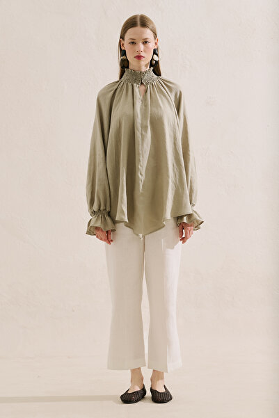 Manuka Gi̇peli̇ Linen Balloon Sleeve Blouse Green