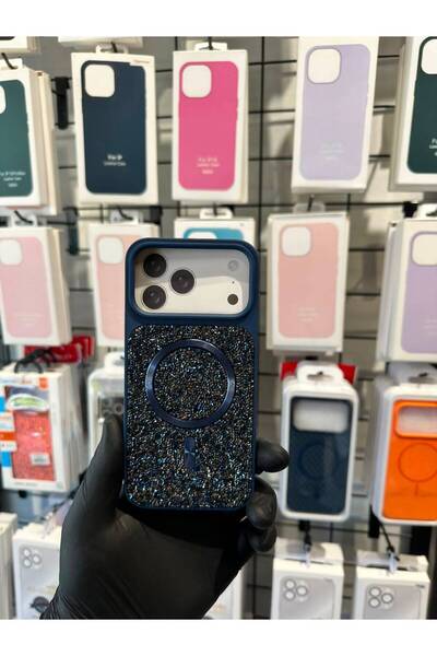 TAK Bİ KILIF iPhone 17 Pro Max Kılıf MagSafe Uyumlu Simli Taşlı Manyetik Kart...