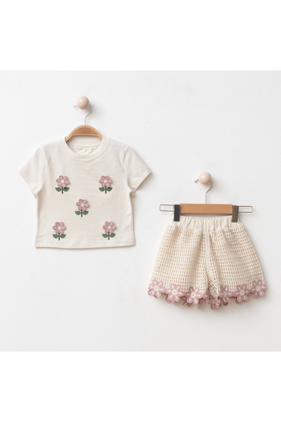 My Lusa baby wear Κοριτσίστικο Σετ Σορτς με Κέντημα Λουλουδιών Παπατία, Βαμβα...