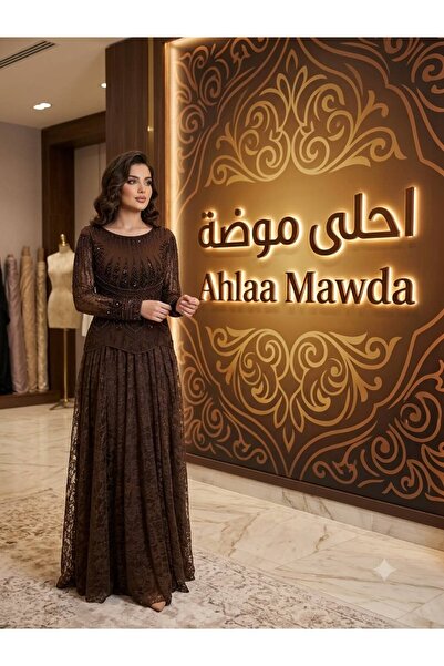 Ahlaa mawda Brown Lace Evening Dress with Embroidery from Above