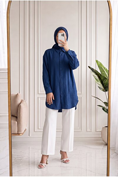 MİHRA STORE Dilbeste Self-Striped Plain Shirt-Zi̇4065 Navy Blue