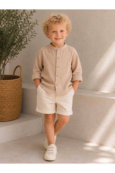 BEBEĞİME ÇORAP Boy's Organic Muslin Long Sleeve High Collar Bohemian Shirt