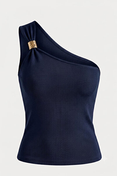 KECHİ WOMAN One-Shoulder Gold Buckle Ribbed Blouse Dark Blue