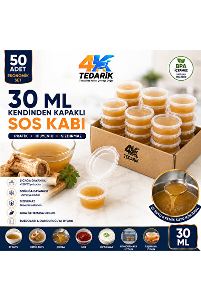 4K TEDARİK 30 ml Kendinden Kapaklı Şeffaf Sosluk 50'li Set | Sızdırmaz, Sıcağ...