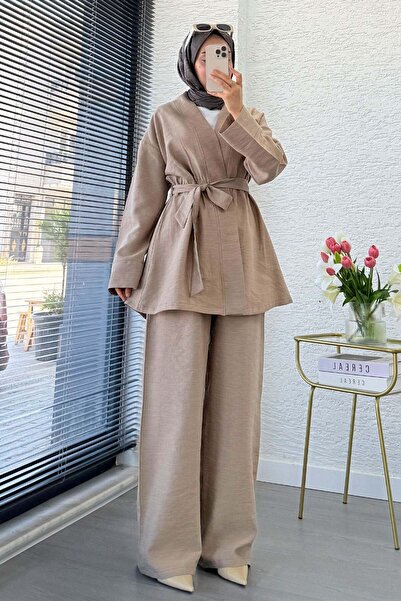 MELEK ARAZ Premium Vessa Belt Detailed Linen Trousers Set - Mink