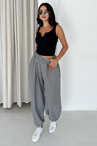 Noa&Noa Women's Blue Gingham Patterned Elastic Waist Jogger Pants