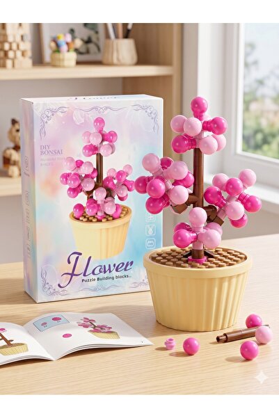 Arvela Mini Çiçek Yapım Blokları - DIY Pembe Sakura Bonsai Ağacı Krem Saksı