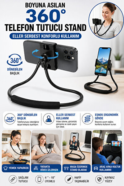 Hane Dostu Boyuna Asılan 360° Dönebilen Telefon Tutucu Stand Esnek Eller Serb...