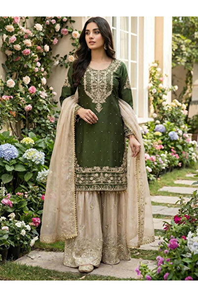 MYSMAR Green GMY Silk Embroidered Palazzo Set-HRT8340-Green