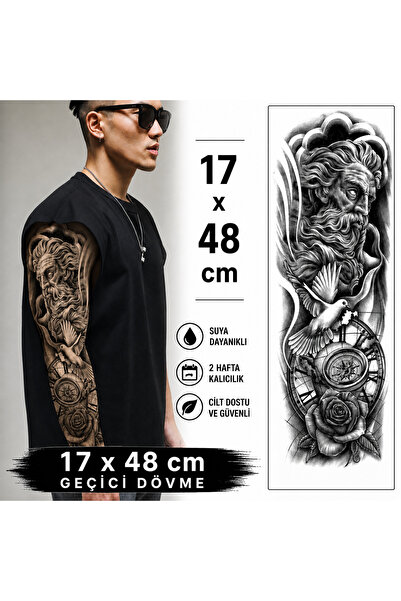 medink tattoo 2 Hafta kalıcı Poseidon ve Güvercin Tam Kol Kaplama Geçici Dövm...