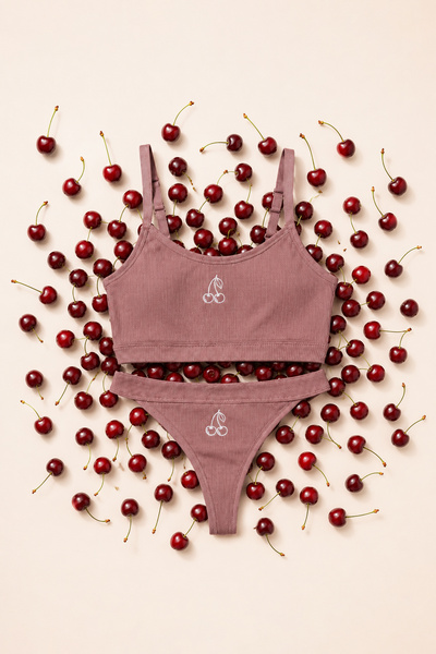 koza iç giyim Powder Cotton Ribbed Cherry Printed Capless Strap Knitted Under...