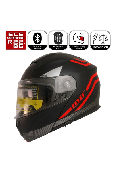 MTS M966 V2 WX20 Kırmızı Motosiklet Kaskı Güneş Vizörlü Çene Açılır Motorcu Kask