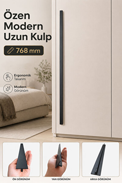 Badem10 Özen Düz Mat Siyah Çekmece Kulp 768 mm Modern Dolap Kapak Kulpu Metal...