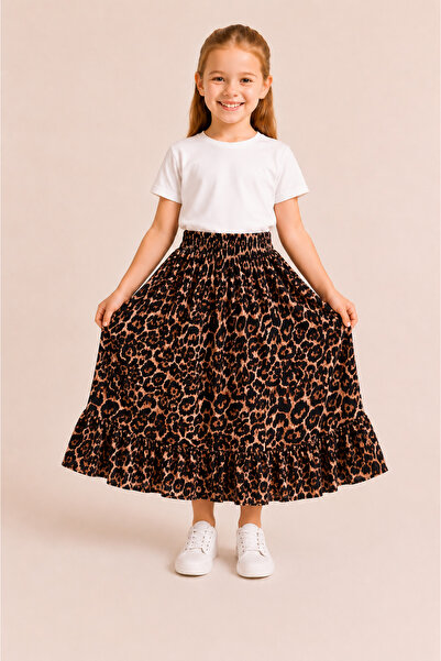 DUBAİ ÇOCUK Girl's Long Skirt Summer Patterned Elastic Waist Comfortable Loos...
