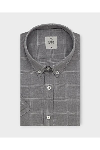 KAMER Men's Regular Fit Short Sleeve 100% Cotton Button-Up Collar Checked Dar...