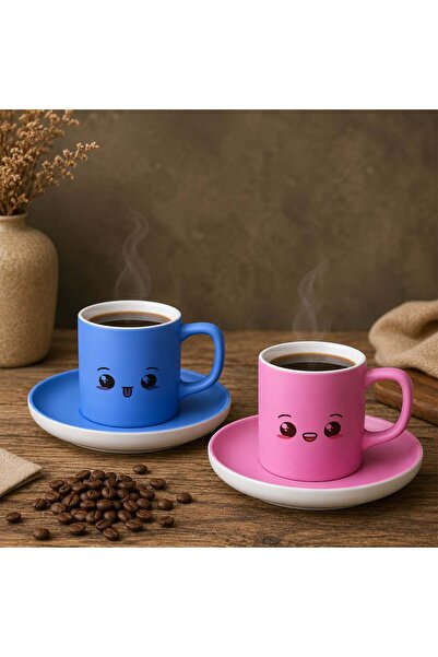 Bk Gift Set of 2 Blue and Pink Colored Emoji Face Design Ceramic Turkish Coff...