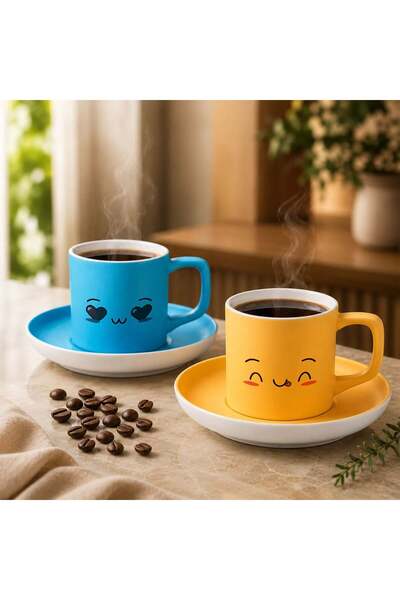 Bk Gift Set of 2 Ceramic Turkish Coffee Cups with Turquoise and Yellow Color ...