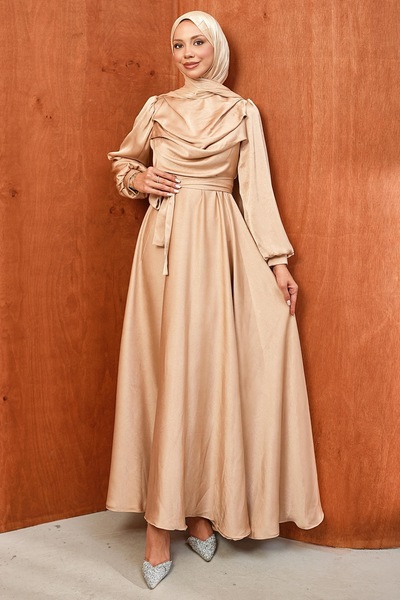 İmajButik Beige Waist Belted Patterned Satin Evening Dress