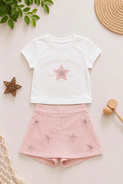 dinamik çocuk Tricou brodat cu stele pentru fete, fustă scurtă (skort), set d...