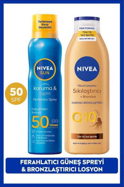 NIVEA SUN SPF50 Güneş Koruyucu Ferahlatıcı Sprey 200ml ve Q10 Sıkılaştırıcı B...