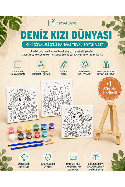KanvasSepeti Deniz Kızı Dünyası Mini Şövaleli 3'lü Boyanabilir Kanvas Tuval S...