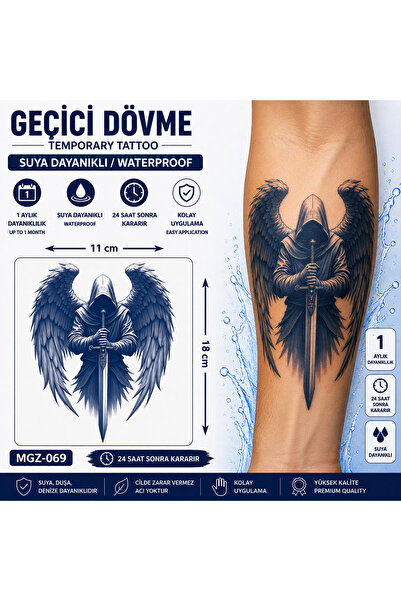 medink tattoo 1 Ay Kalıcı Sonradan Kararan 11X 18 cm Kılıç ve melek model geç...