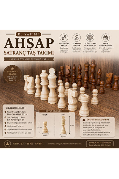 İki Yedi Konsept El Yapımı Ahşap Satranç Taş Takımı Doğal Ahşap Klasik Satran...