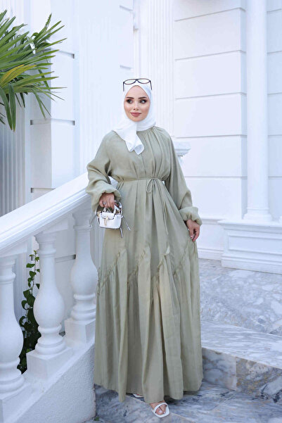İmajButik Olive Bel Bağlamalı Dikiş Detaylı Elbise