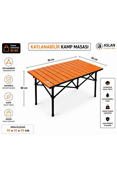 AslanCamping 95x55x50 cm Katlanır Kamp ve Piknik Masası – Hafif, Dayanıklı ve...