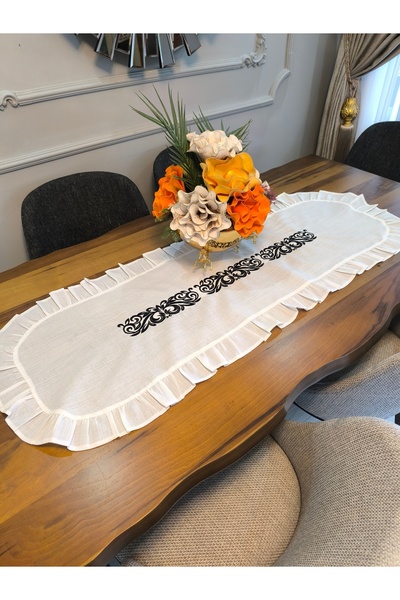 Krem Fırfırlı Nakışlı Lüks Runner (14o x 50 cm)