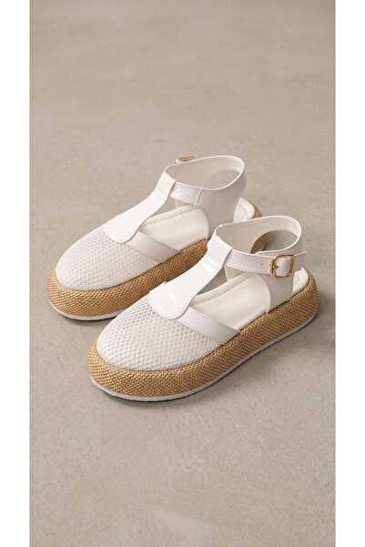 Beyond Women's White Mesh Detailed Straw High-Heel Sandals Byndk95