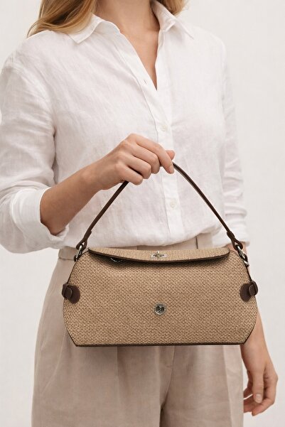 Çantachım Women's Shoulder and Hand Bag Straw Cream Leather Detailed Premium ...